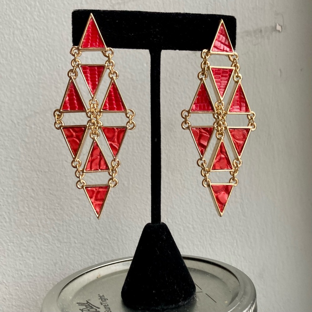 3D Printed Art Deco Triangle Drop Earrings w/Red Alligator & Lizard